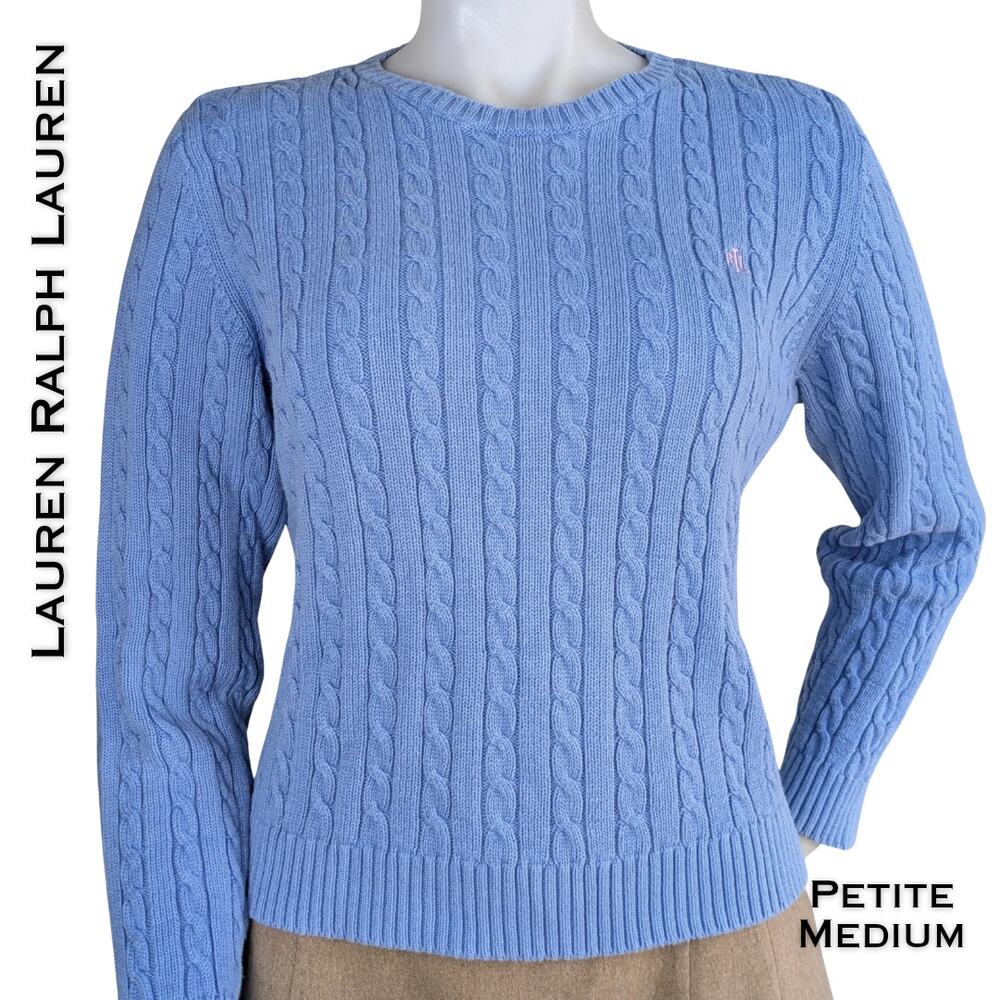 Lauren Ralph Lauren Sweater Petite Medium Cornflower Blue Cable Knit Crewneck